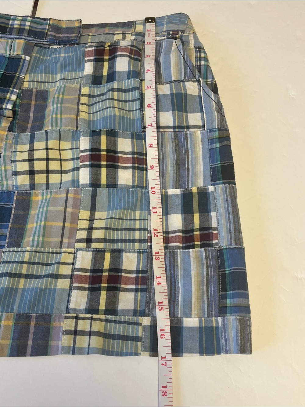 Vintage Y2K Larry Levine Preppy Mini Skirt Madras Blue Plaid Patchwork Cotton 10 - Picture 12 of 13